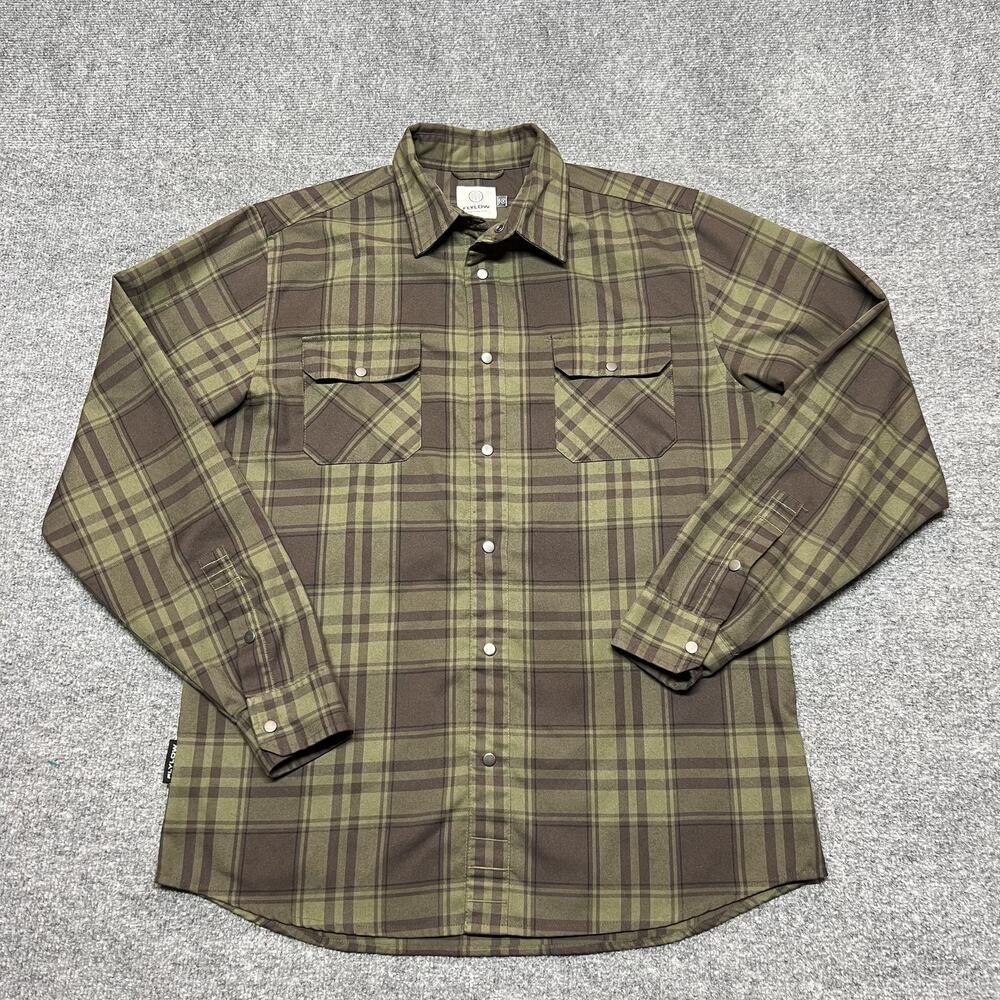 Flylow Shirt Mens Medium Green Brown Plaid Snap Front Long Sleeve Casual